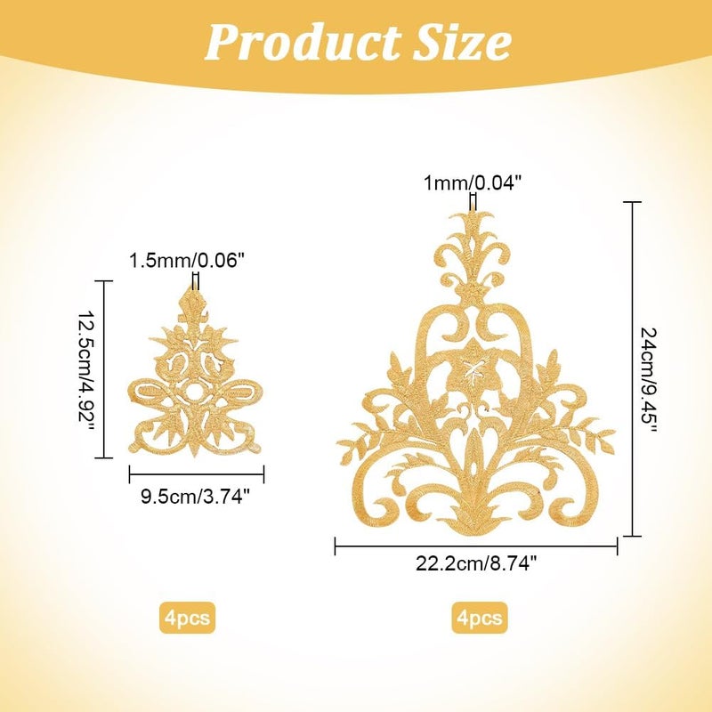 NBEADS 8 Pcs 2 Styles Gold Floral Embroidered Applique Patch, Iron on Patches Sew on Patches Ethnic Style Applique for Sewing Wedding Bride Dress Shoes Clothing Decoration Repair - Image 2